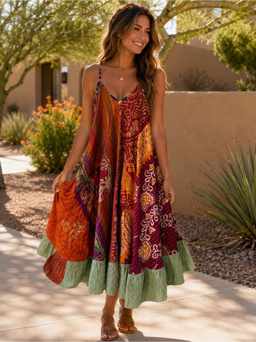Kantha Boho Patchwork Maxi Dress in Multicolor.